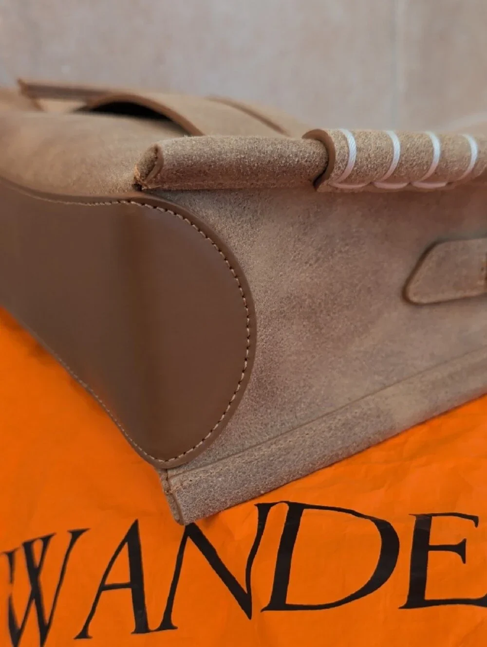 JW Anderson Small Loafer Bag Waxed Tan Gold Suede